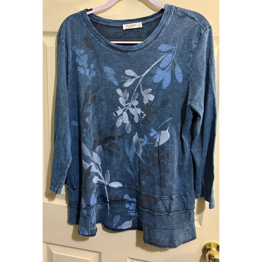 Jess & Jane Women's Large Blue Shirt Botanical Mineral Washed Tiered Boho Artsy